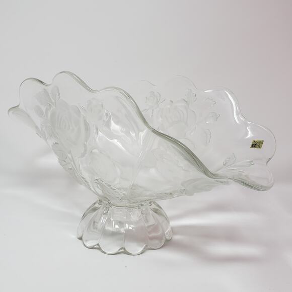 Bouquet 13" Oval Bowl Frosted Clear Crystal Union Glass - Handmade - Picture 3 of 10